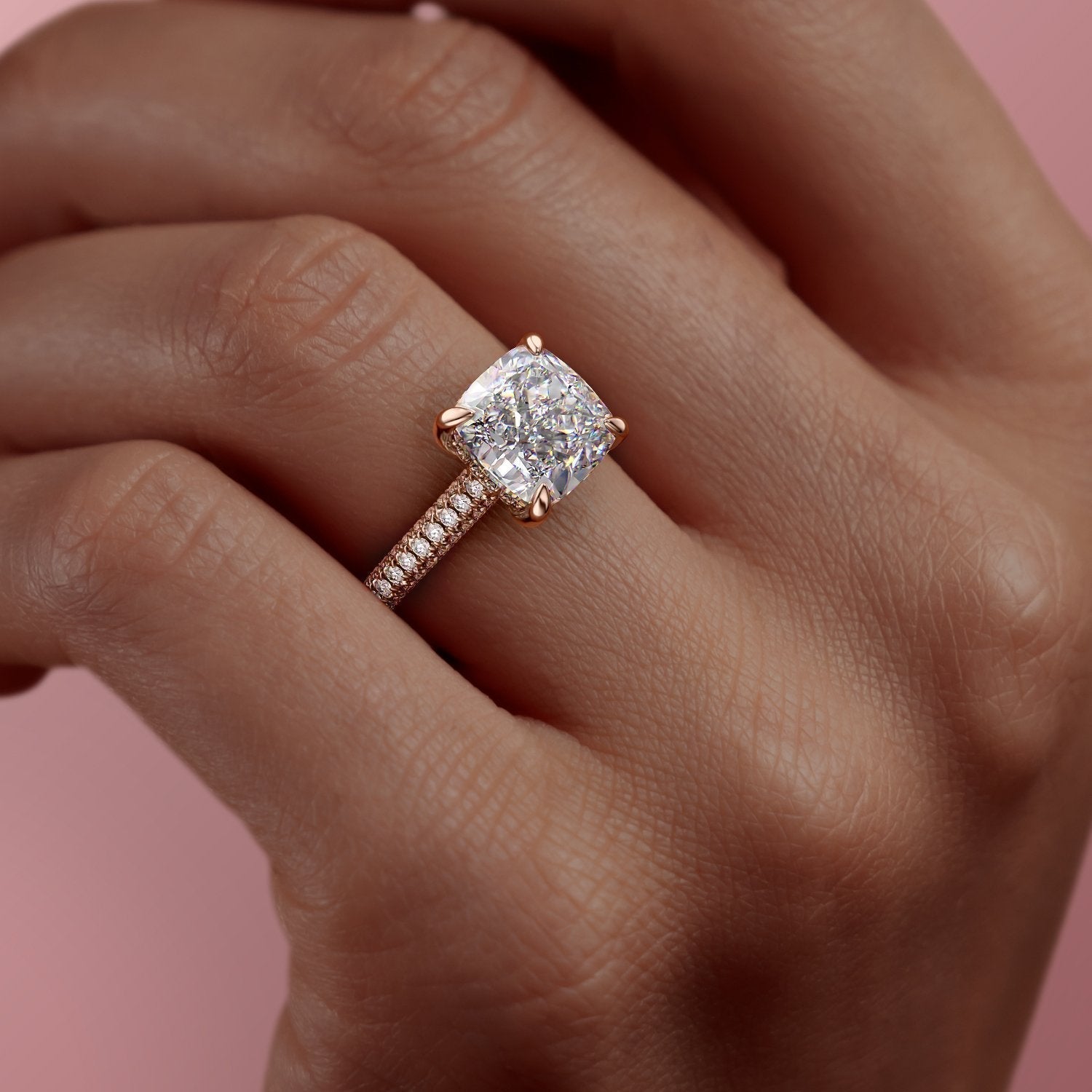 Cushion Cut Lab Diamond Ring With Pave Set Shoulders