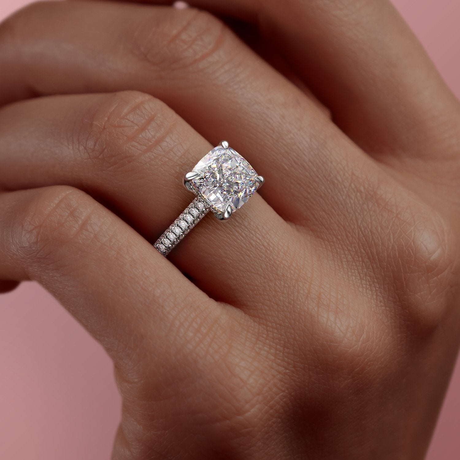 Cushion Cut Lab Diamond Ring With Pave Set Shoulders