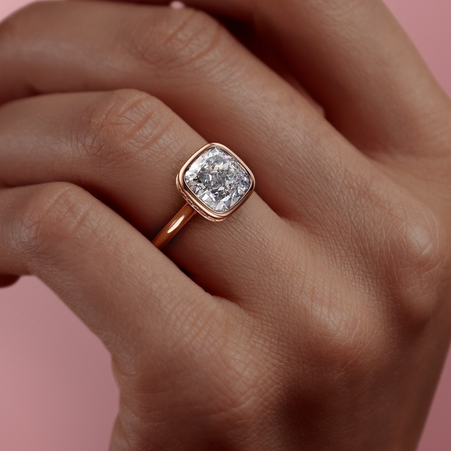 Cushion Cut Rubover Lab Diamond With Hidden Halo