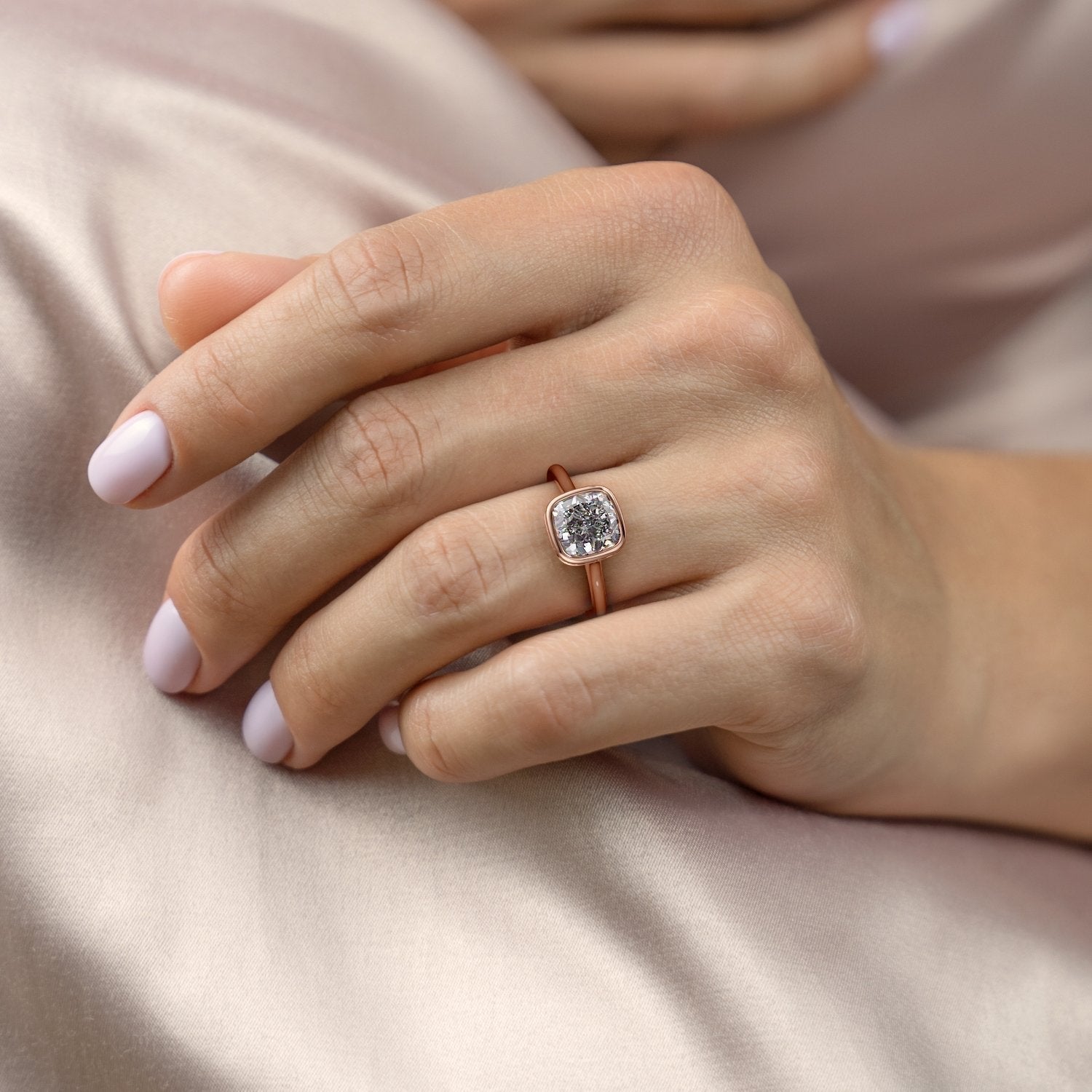 Cushion Cut Rubover Lab Diamond With Hidden Halo