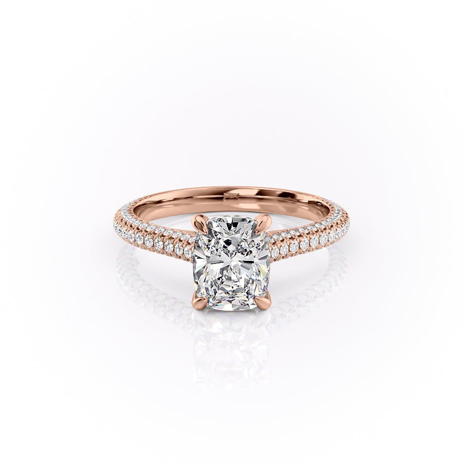 Elongated Cushion Cut Lab Diamond Engagement Ring, Pave Set Shoulders