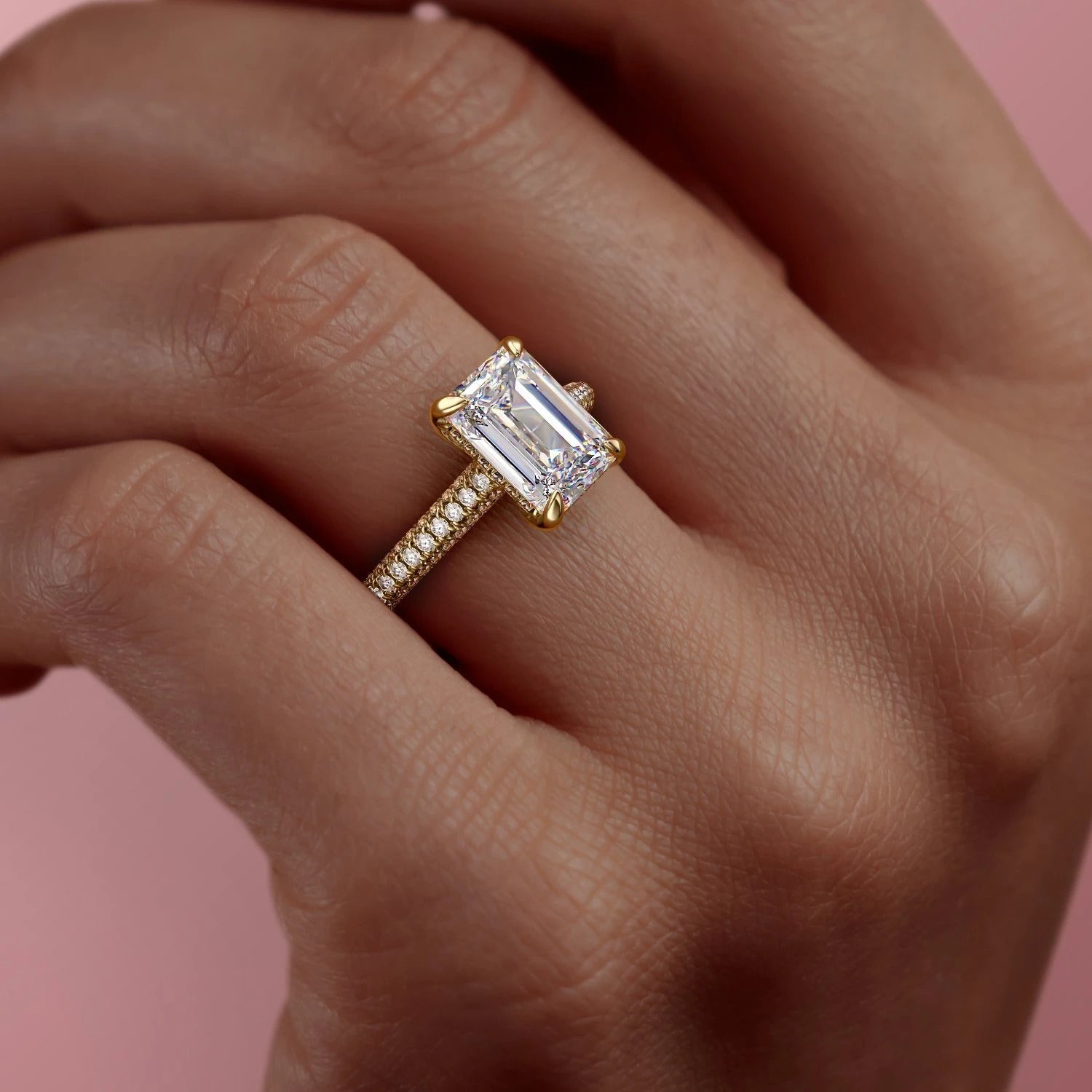 Emerald Cut Lab Diamond Engagement Ring, Pave Set Shoulders