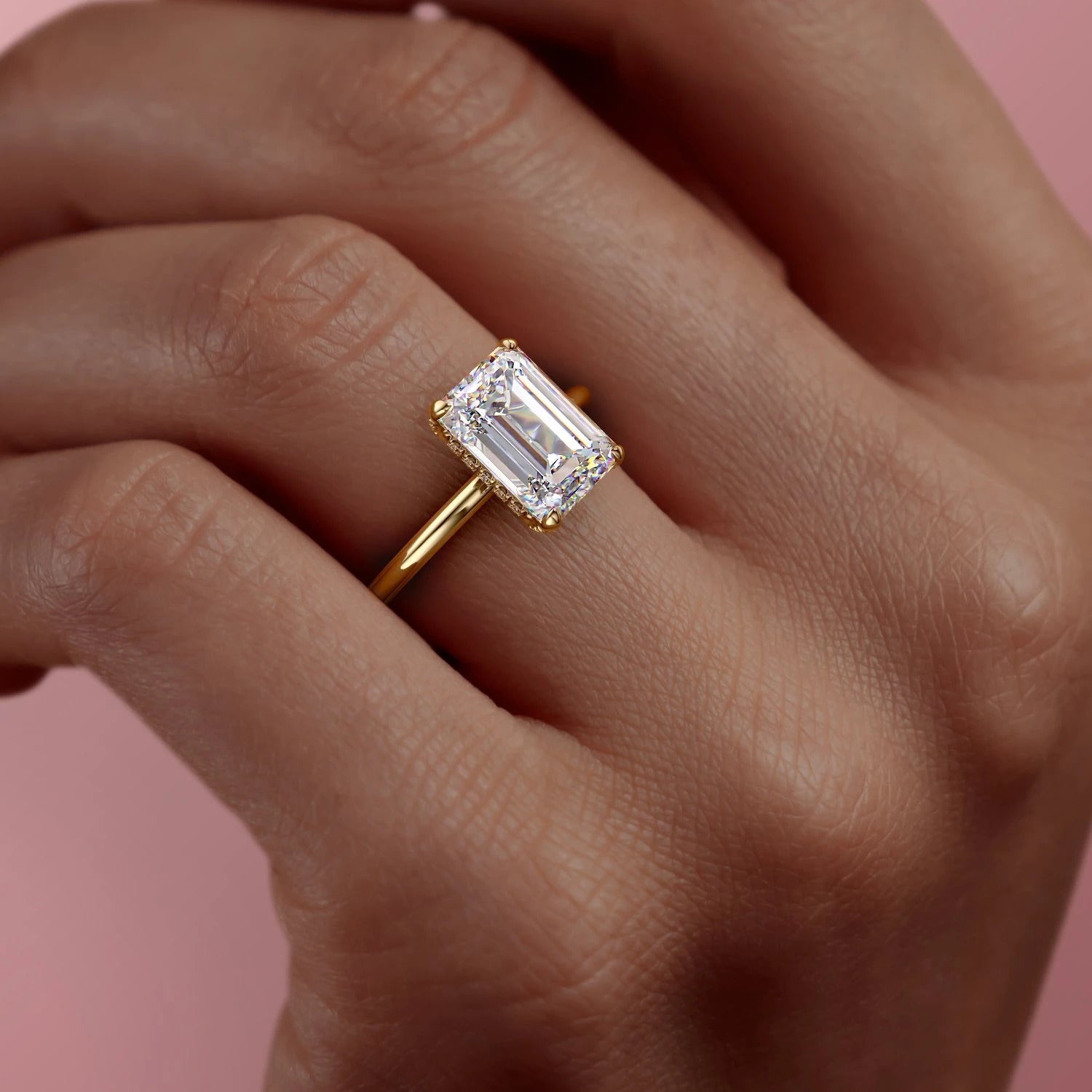 Emerald Cut Lab Diamond Ring, Hidden Halo Design