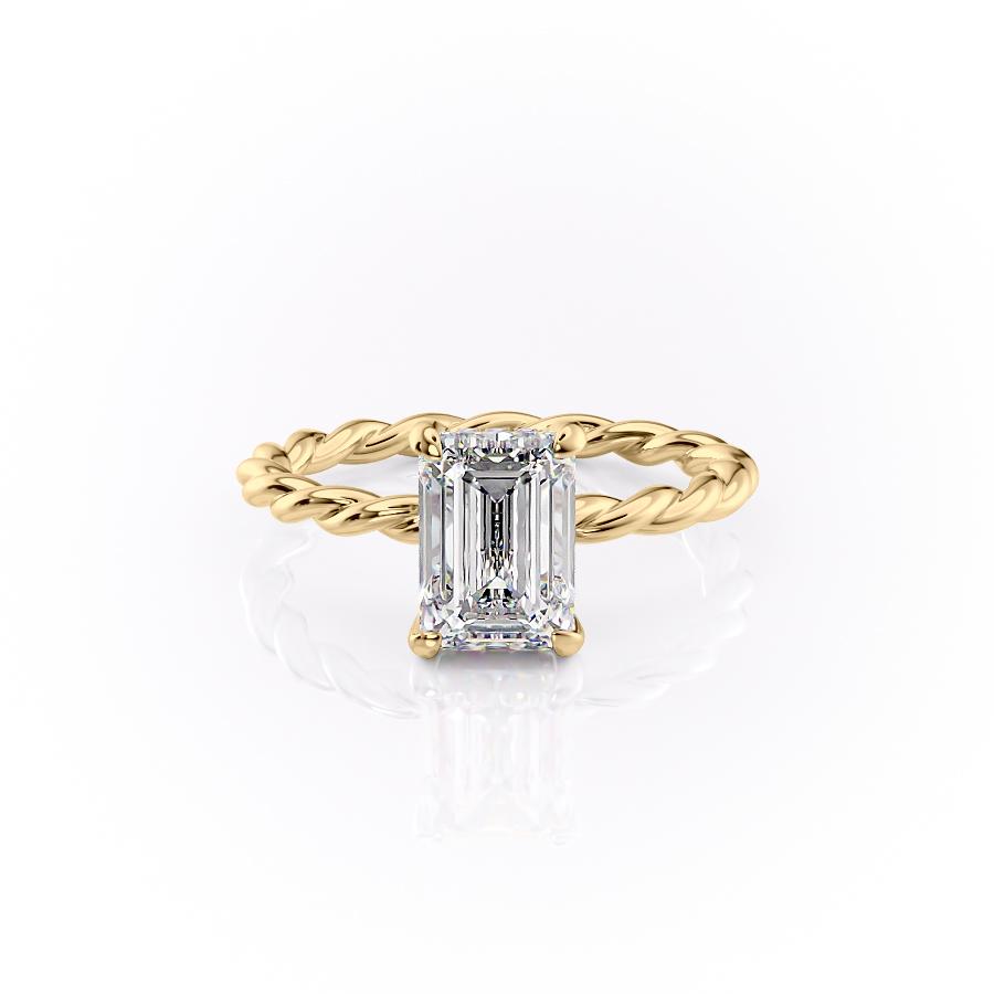 Emerald Cut Lab Diamond Ring, Twisted Band With Hidden Halo