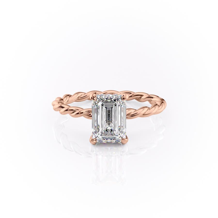 Emerald Cut Lab Diamond Ring, Twisted Band With Hidden Halo