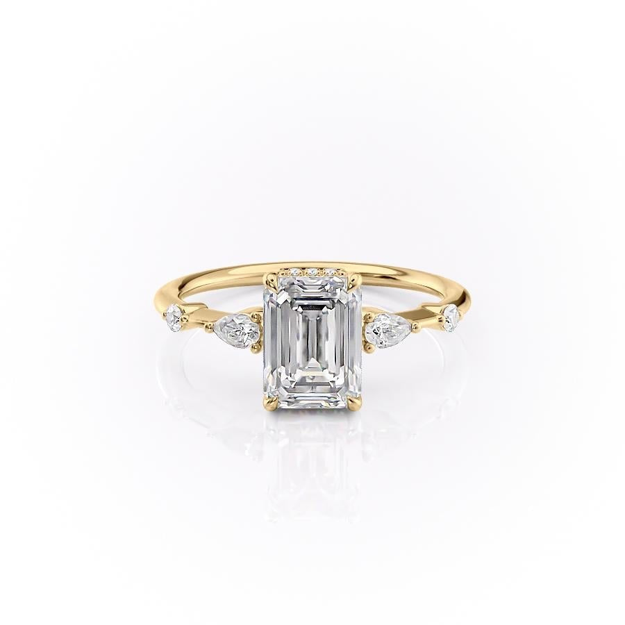 Emerald Cut Lab Diamond Shoulder Set Ring With Hidden Halo