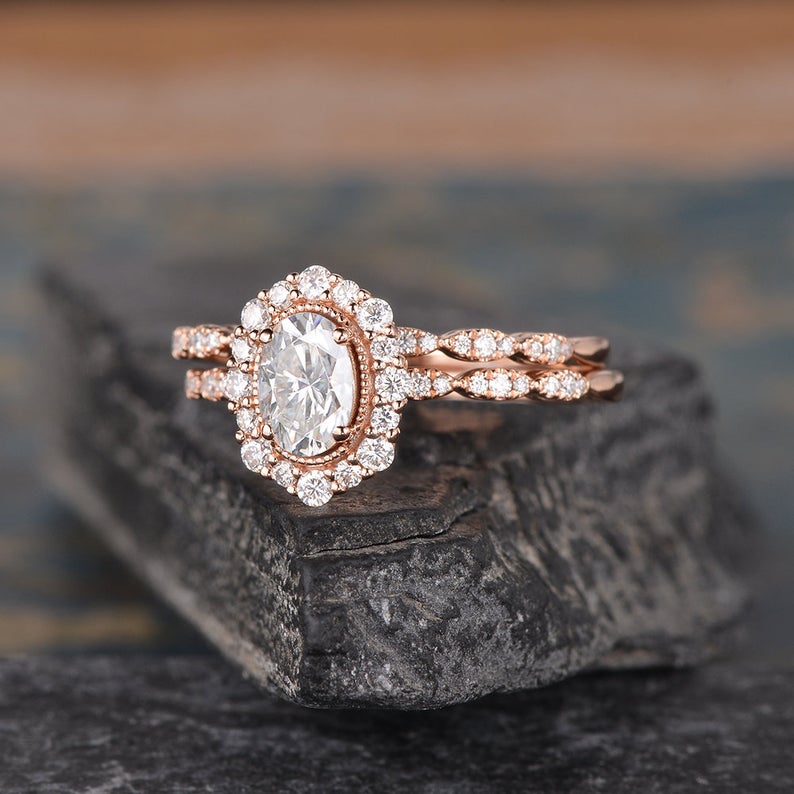 Oval Cut Lab Diamond Bridal Ring Set, Vintage Inspired