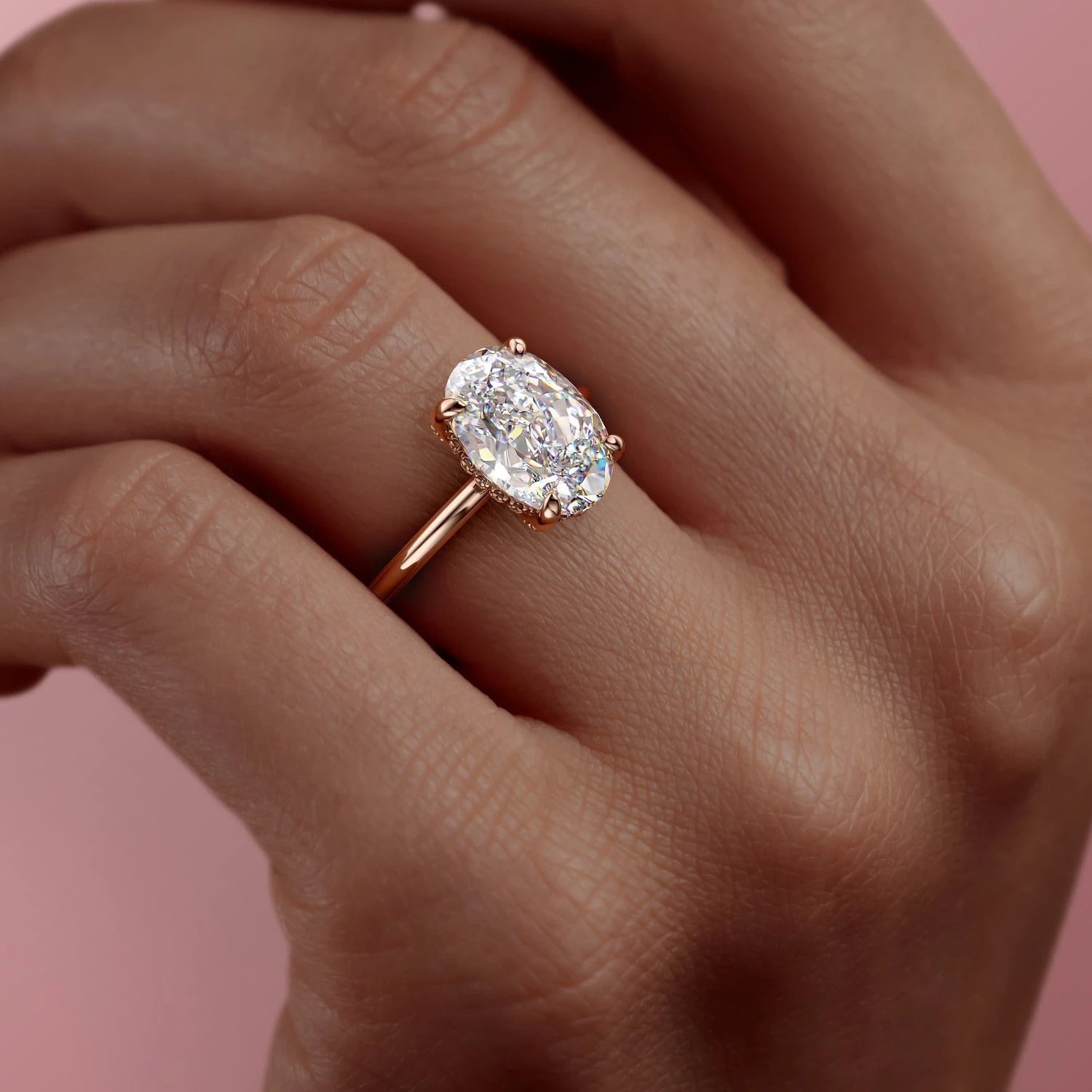 Oval Cut Lab Diamond Ring, Hidden Halo Design