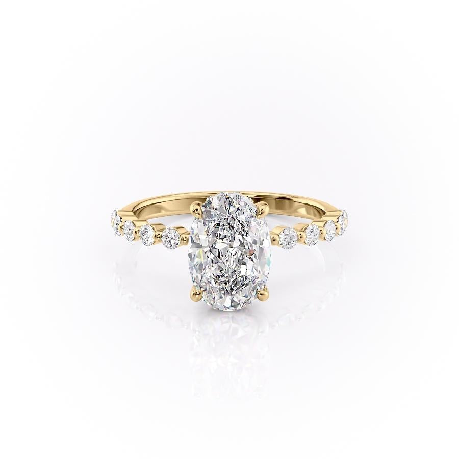 Oval Cut Lab Diamond Shoulder Set Ring With Hidden Halo