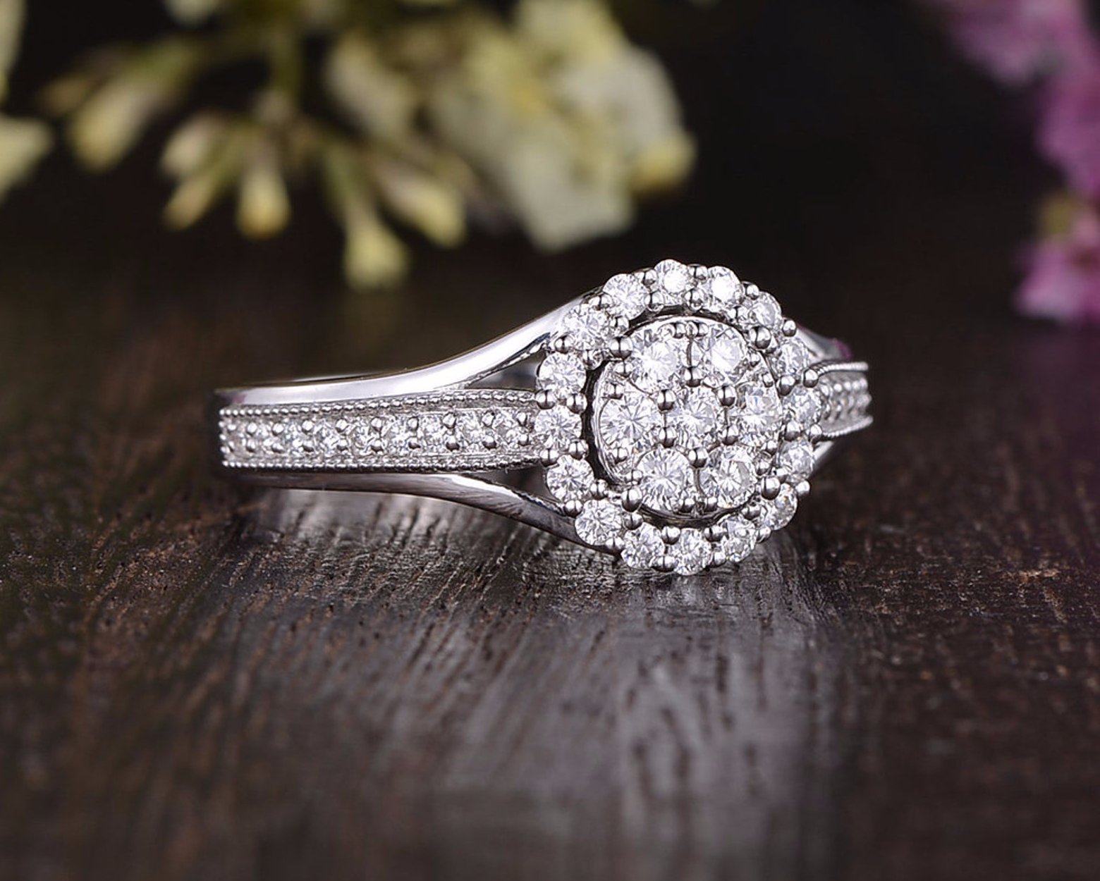 Round Cut Lab Diamond Cluster Engagement Ring, Vintage Design