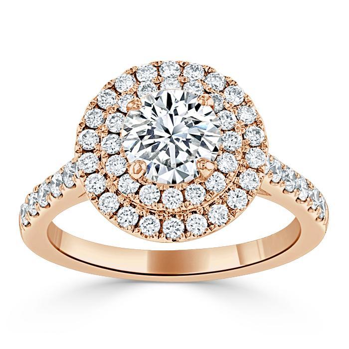 Round Cut Lab Diamond Double Halo Engagement Ring, Tiffany Style
