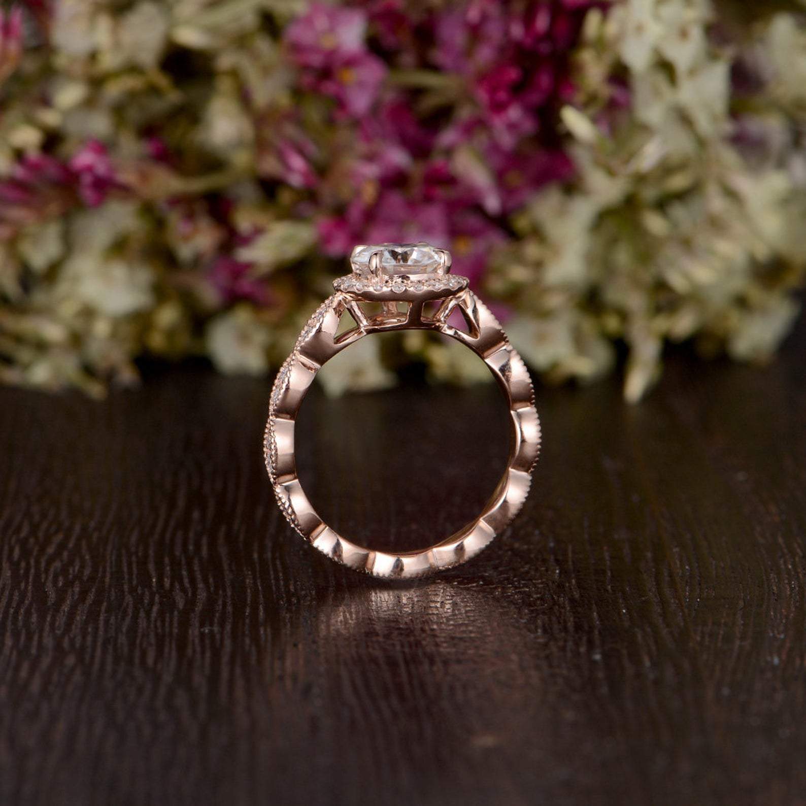 Round Cut Lab Diamond Engagement Ring, Art Deco Halo Design