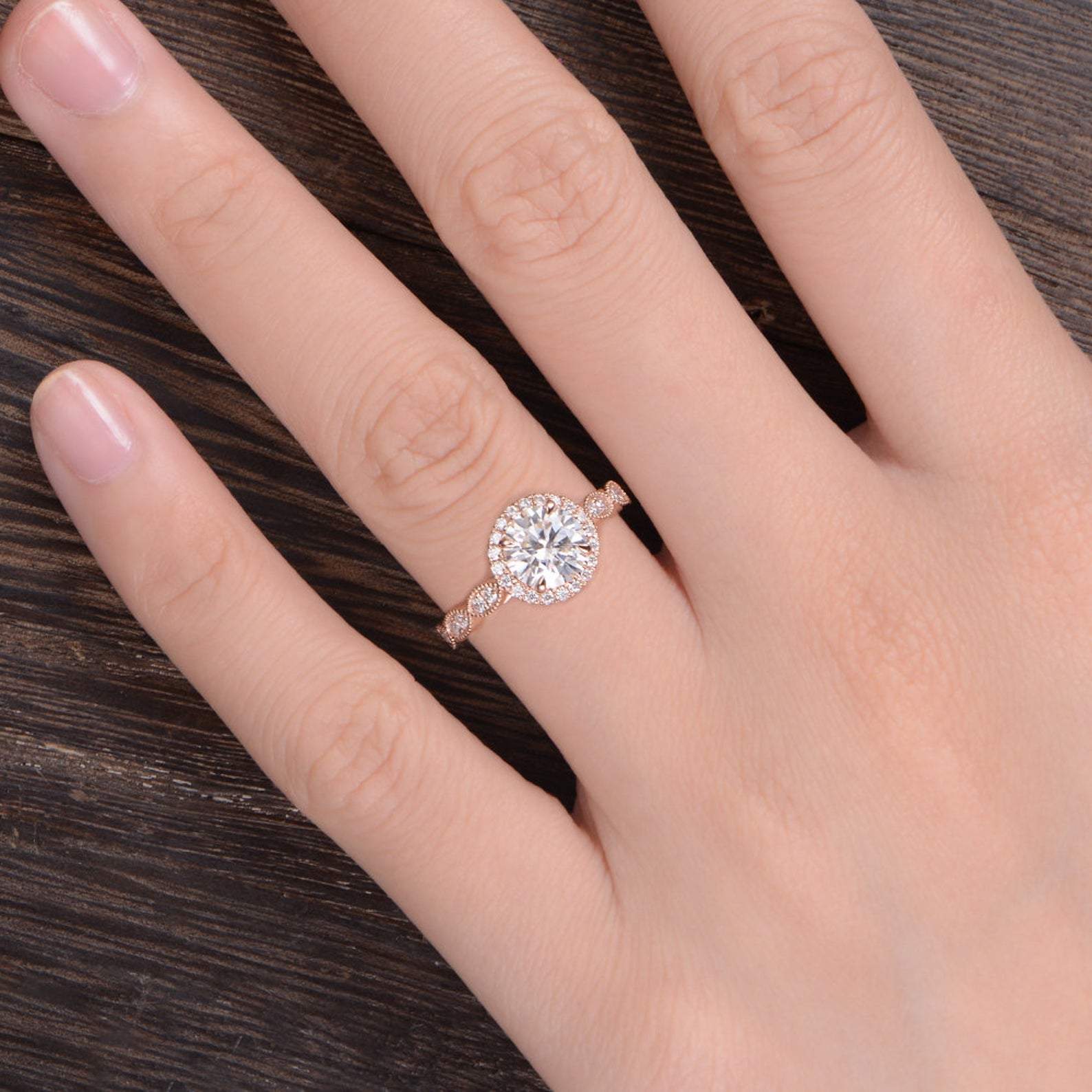 Round Cut Lab Diamond Engagement Ring, Art Deco Halo Design