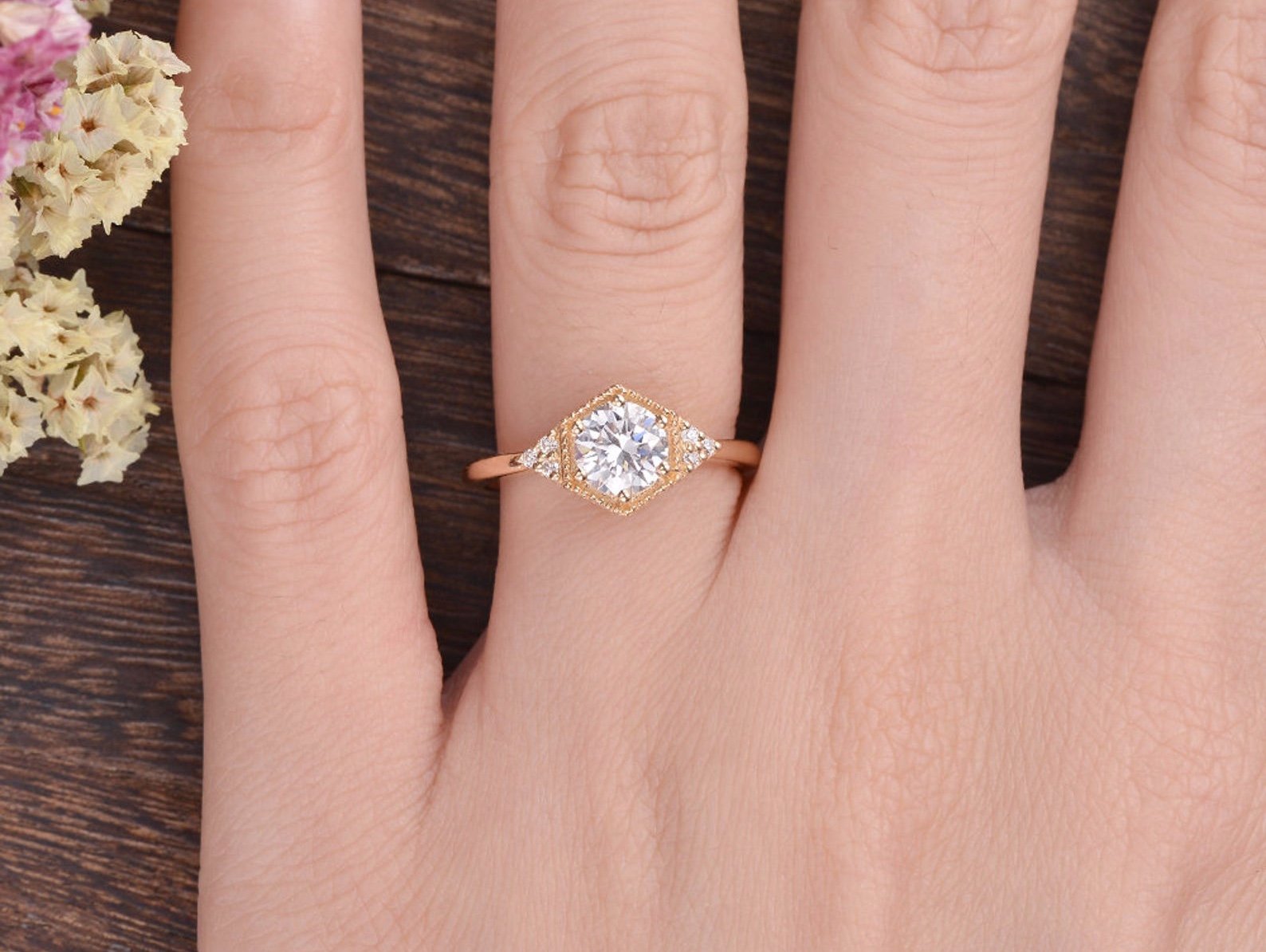 Round Cut Lab Diamond Engagement Ring, Art Deco Trilogy Design