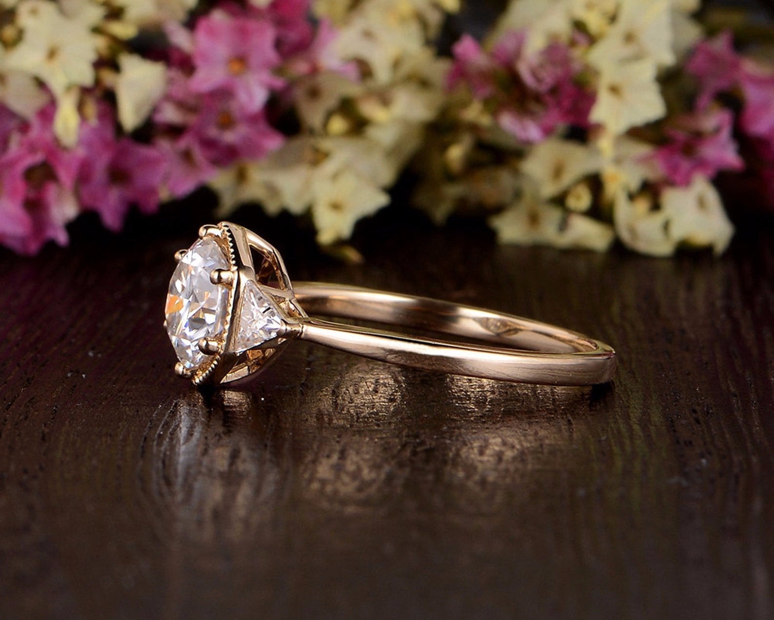 Round Cut Lab Diamond Engagement Ring, Art Deco Trilogy Design