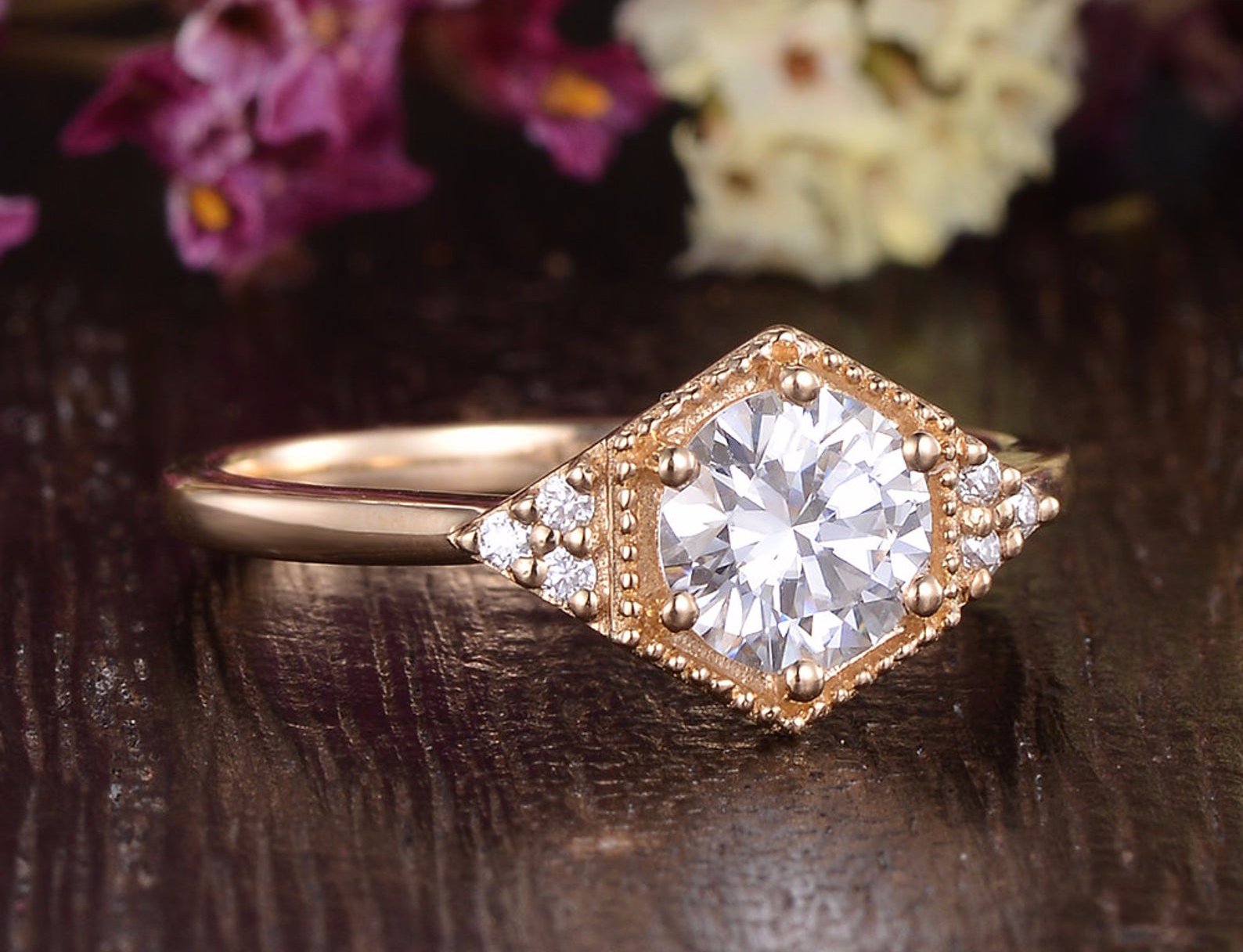 Round Cut Lab Diamond Engagement Ring, Art Deco Trilogy Design