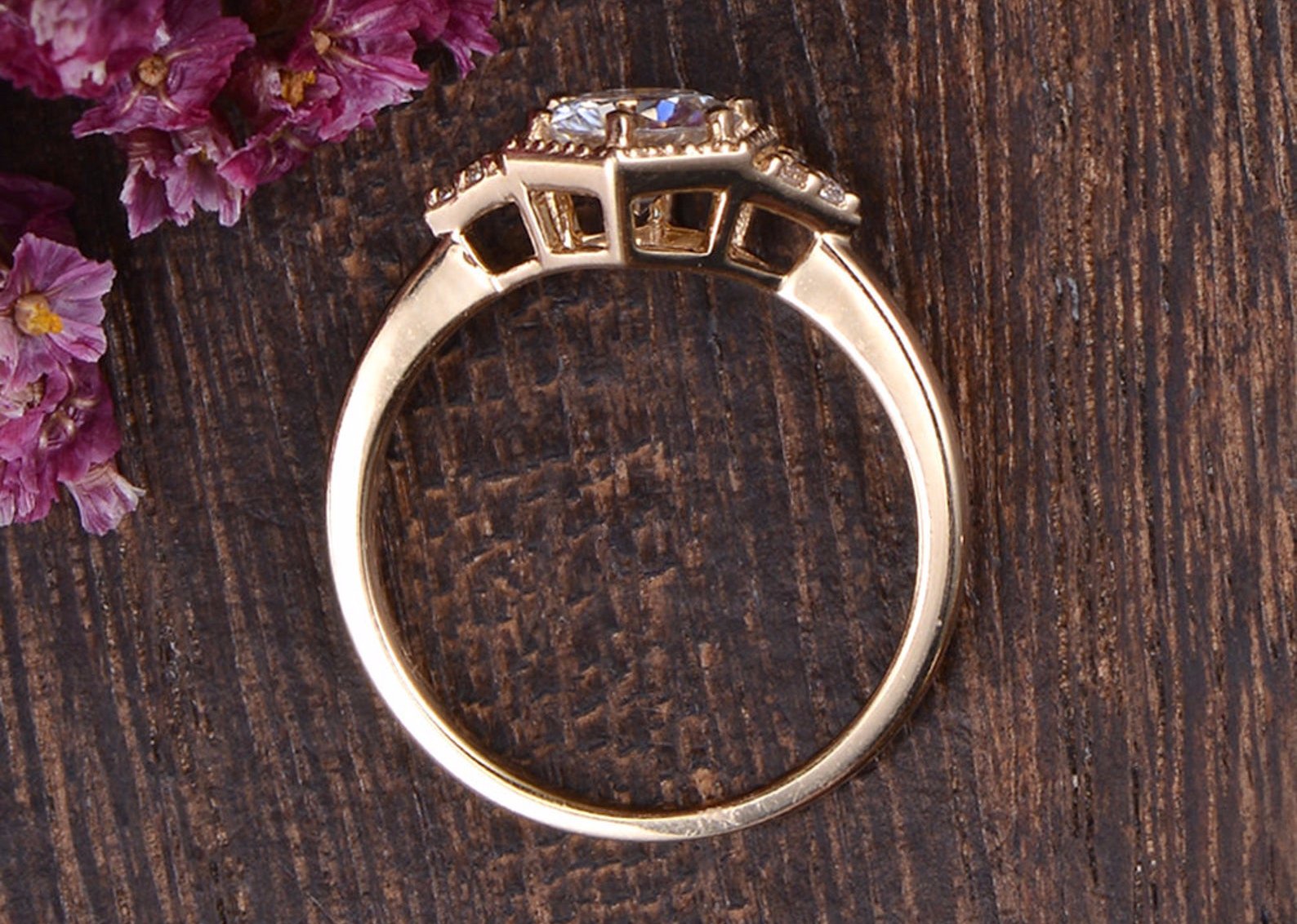 Round Cut Lab Diamond Engagement Ring, Art Deco Trilogy Design