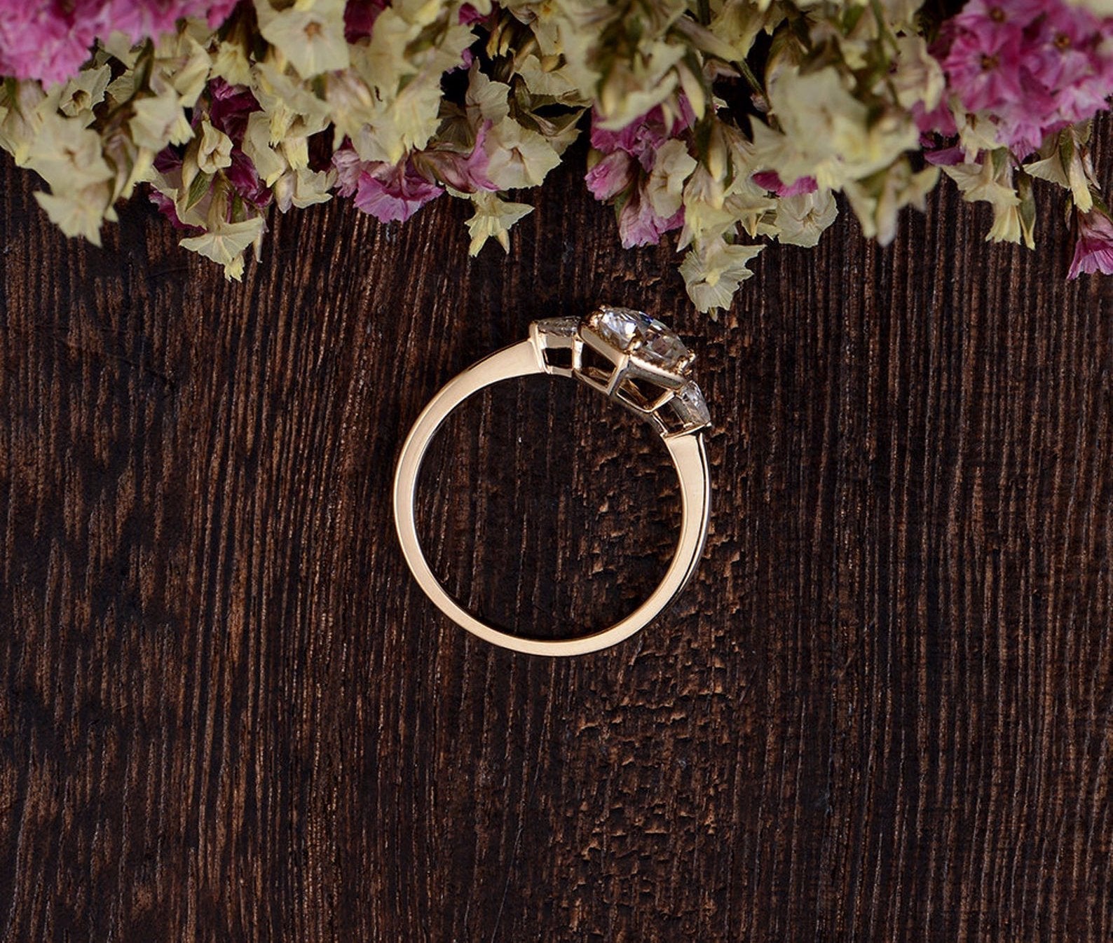 Round Cut Lab Diamond Engagement Ring, Art Deco Trilogy Design