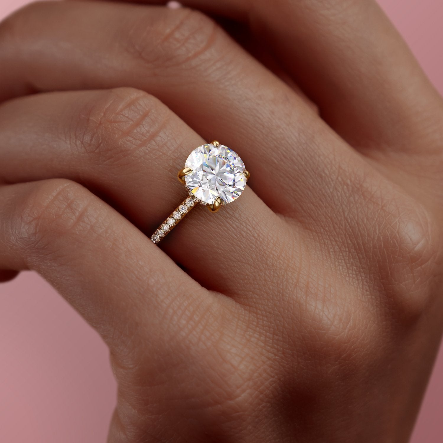 Round Cut Lab Diamond Engagement Ring, Hidden Halo