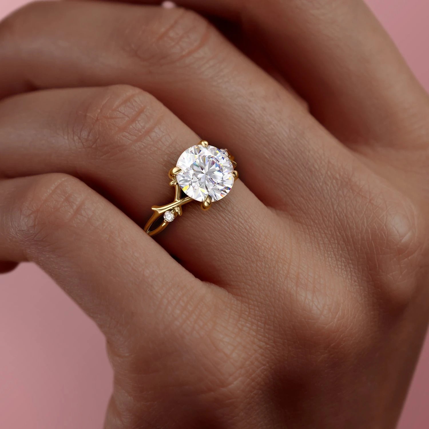 Round Cut Lab Diamond Engagement Ring, Twig Design