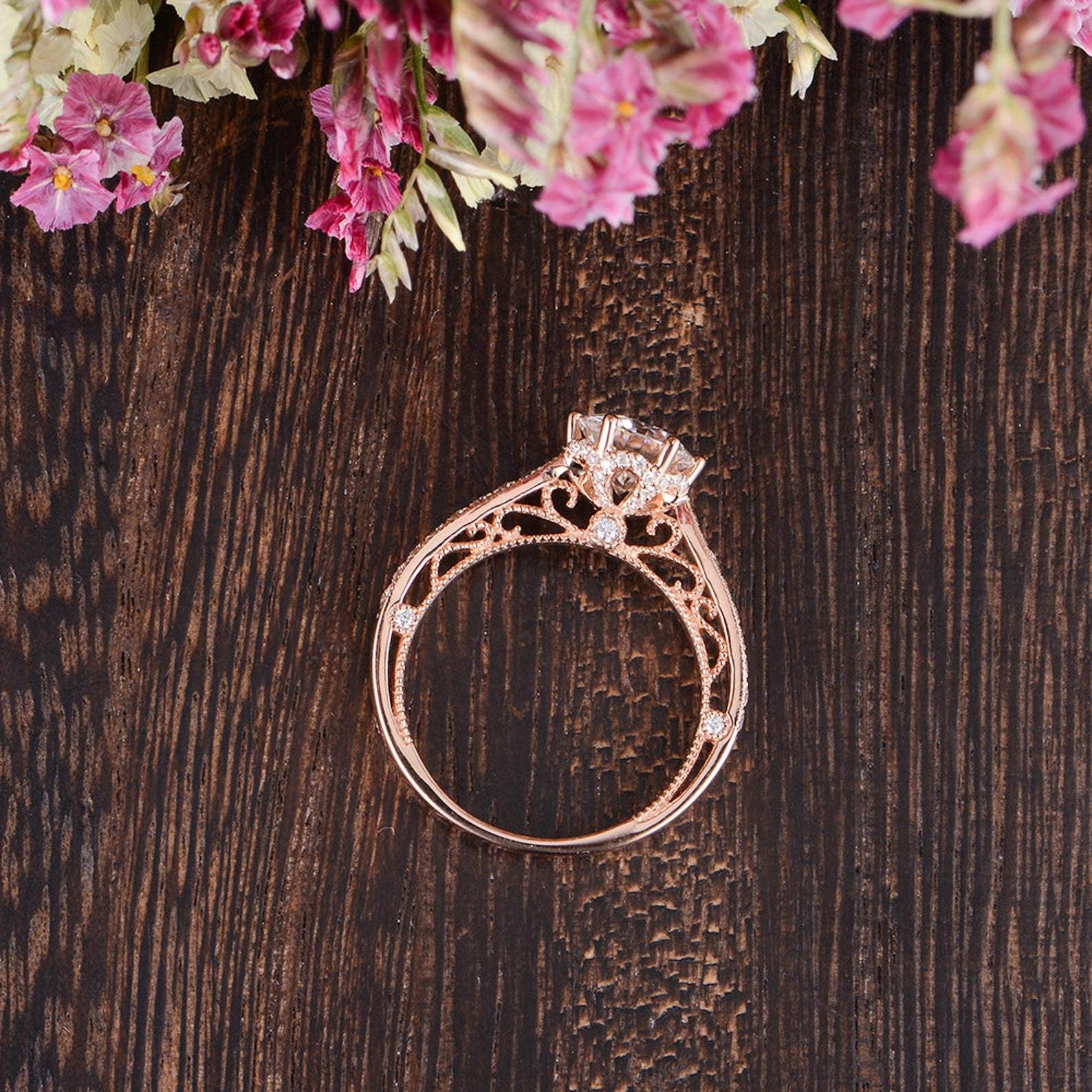 Round Cut Lab Diamond Engagement Ring, Unique Vintage Design