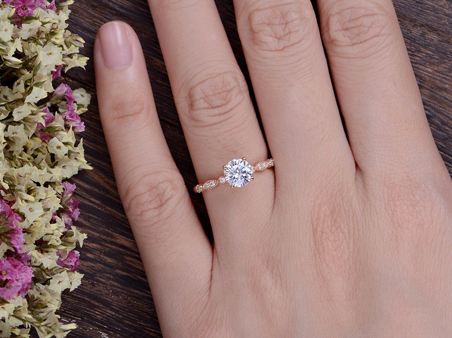 Round Cut Lab Diamond Engagement Ring, Unique Vintage Design