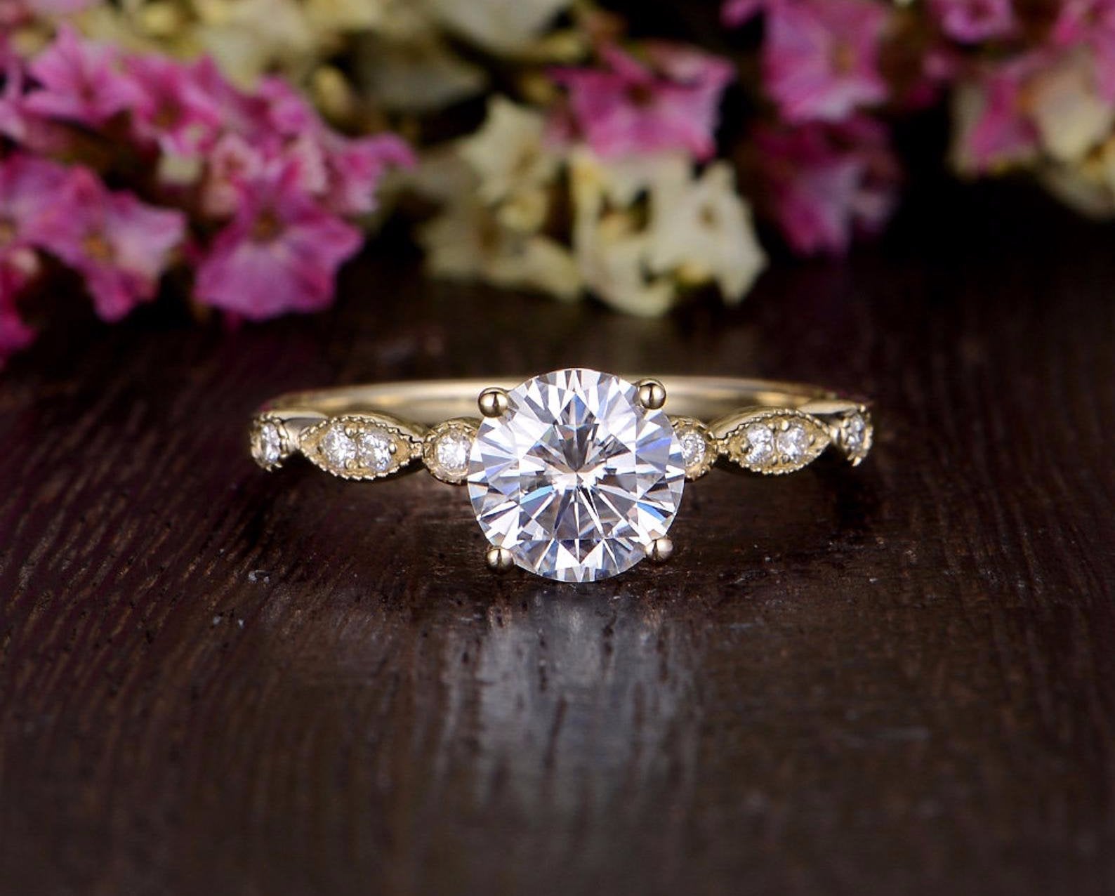 Round Cut Lab Diamond Engagement Ring, Unique Vintage Design