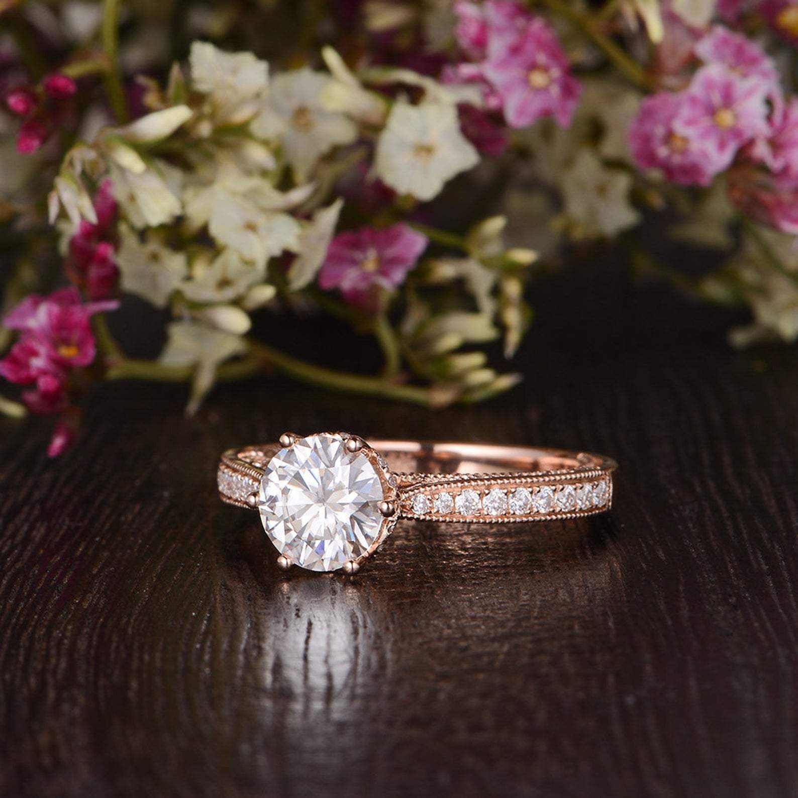 Round Cut Lab Diamond Engagement Ring, Unique Vintage Design