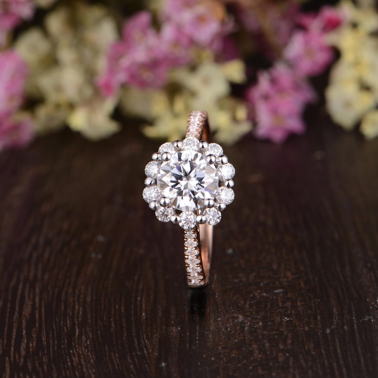 Round Cut Lab Diamond Engagement Ring, Vintage Halo Design