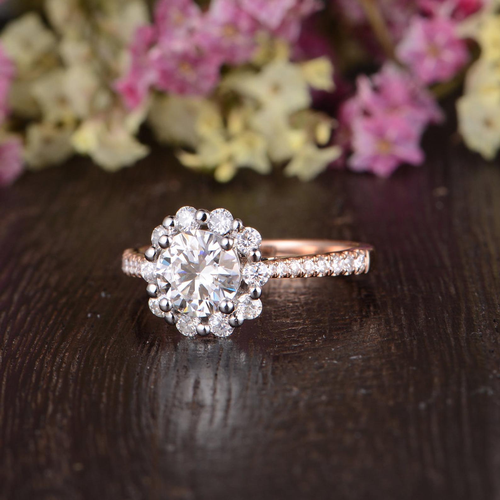 Round Cut Lab Diamond Engagement Ring, Vintage Halo Design