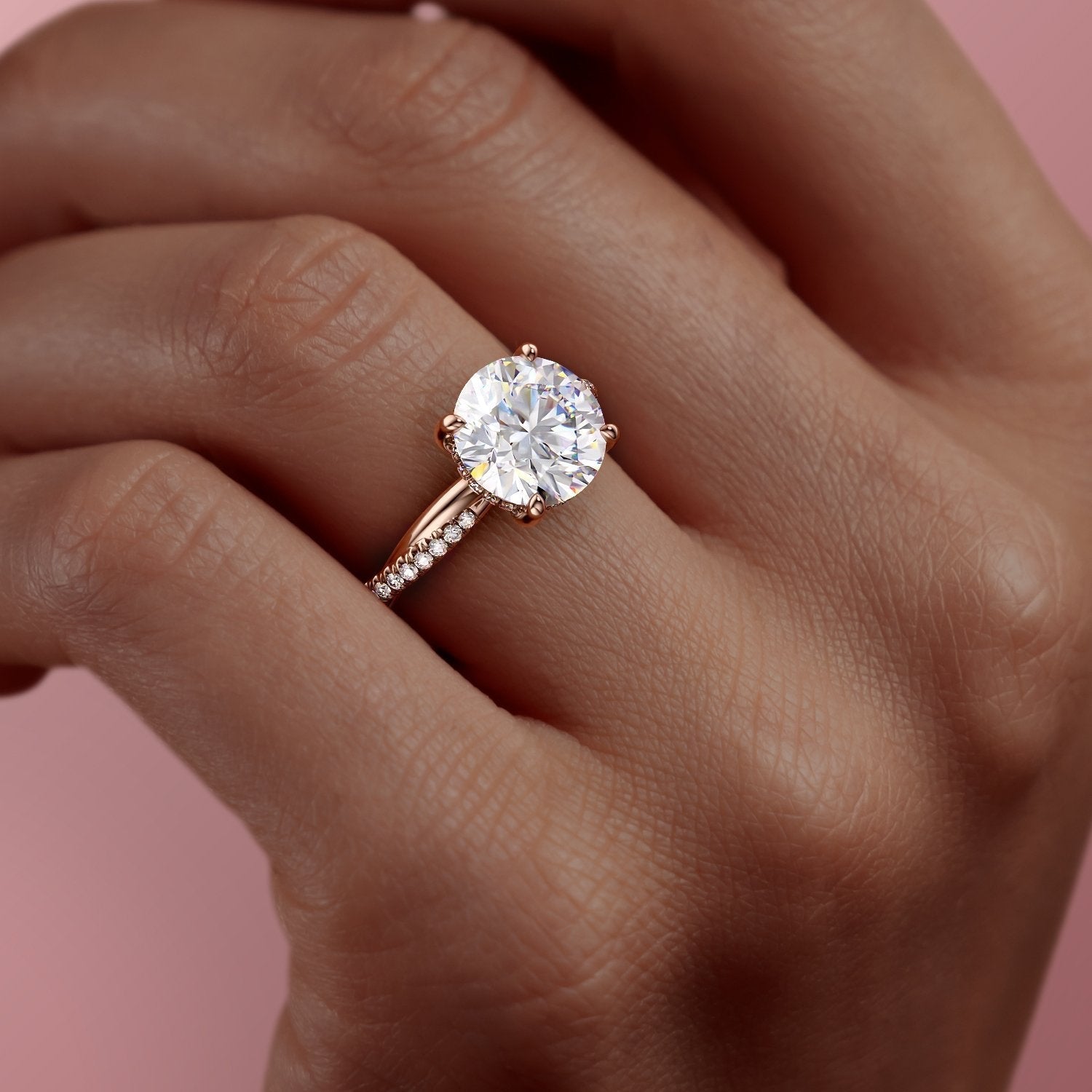 Round Cut Lab Diamond Twisted Shoulder Set Ring With Hidden Halo