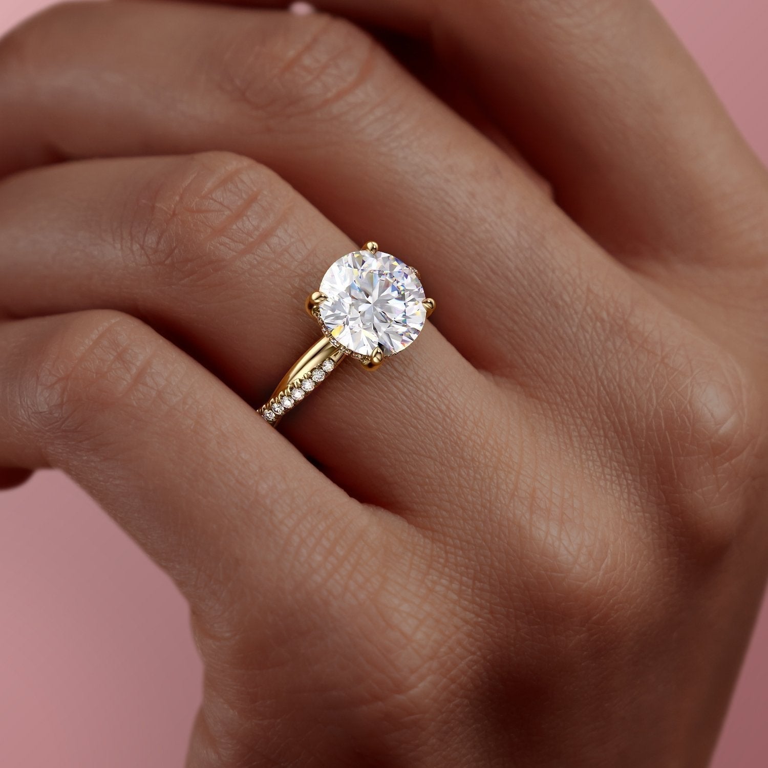 Round Cut Lab Diamond Twisted Shoulder Set Ring With Hidden Halo