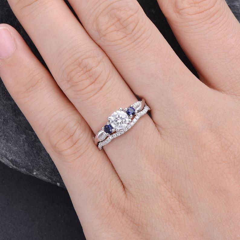 Round Cut Lab Diamond and Sapphire Ring set