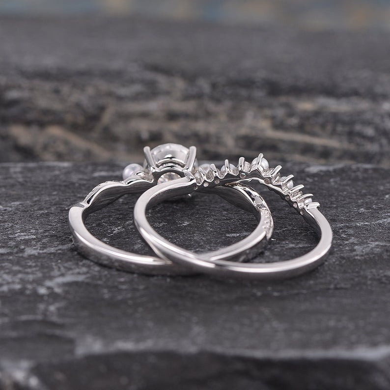Round Cut Lab Diamond and Silver Pearl Ring set
