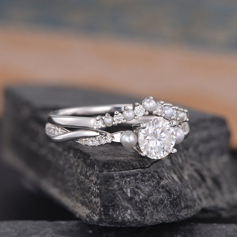 Round Cut Lab Diamond and Silver Pearl Ring set
