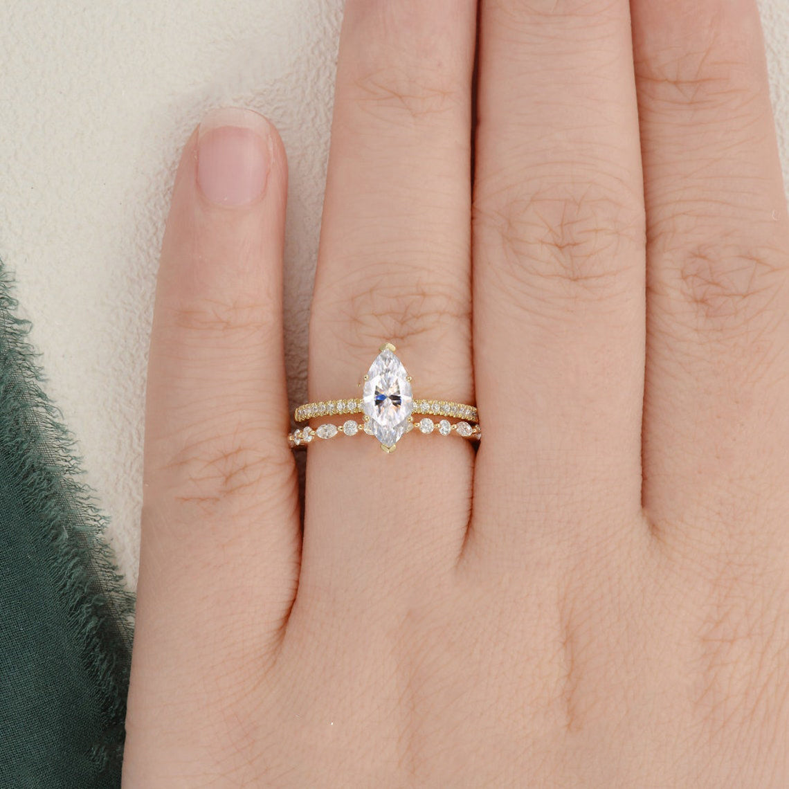 Vintage Style Bridal Ring Set, Marquise Cut