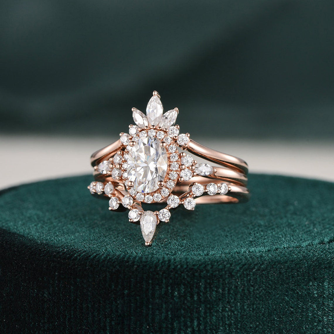 3pcs Vintage Style Bridal Ring Set, Oval Cut Center Stone