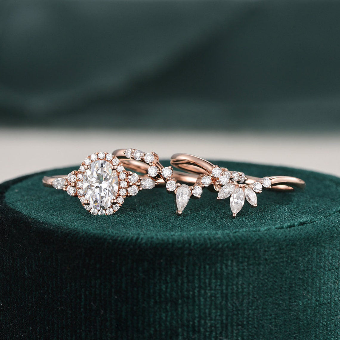 3pcs Vintage Style Bridal Ring Set, Oval Cut Center Stone