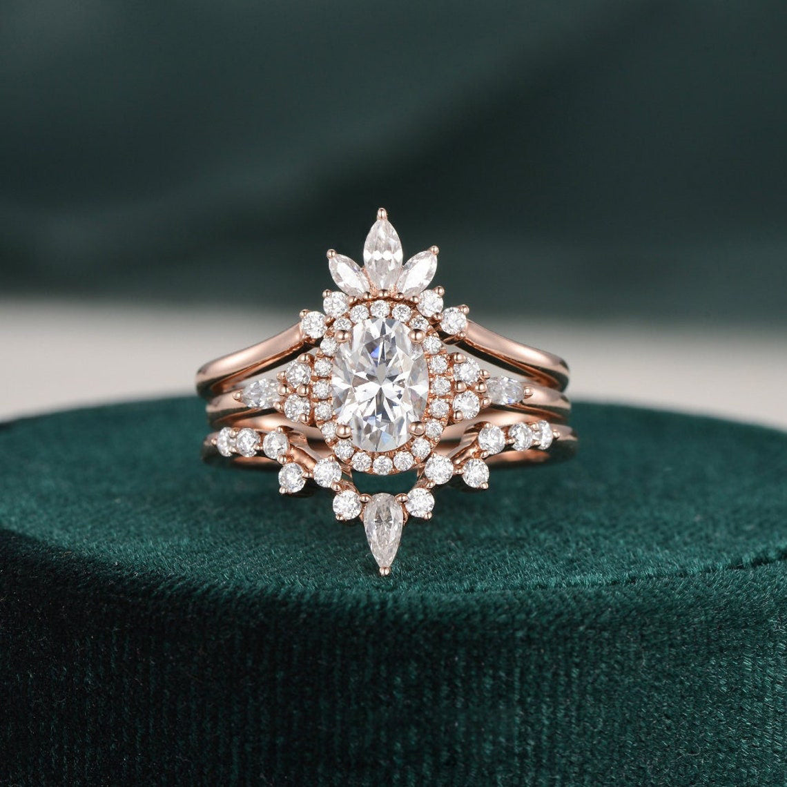 3pcs Vintage Style Bridal Ring Set, Oval Cut Center Stone