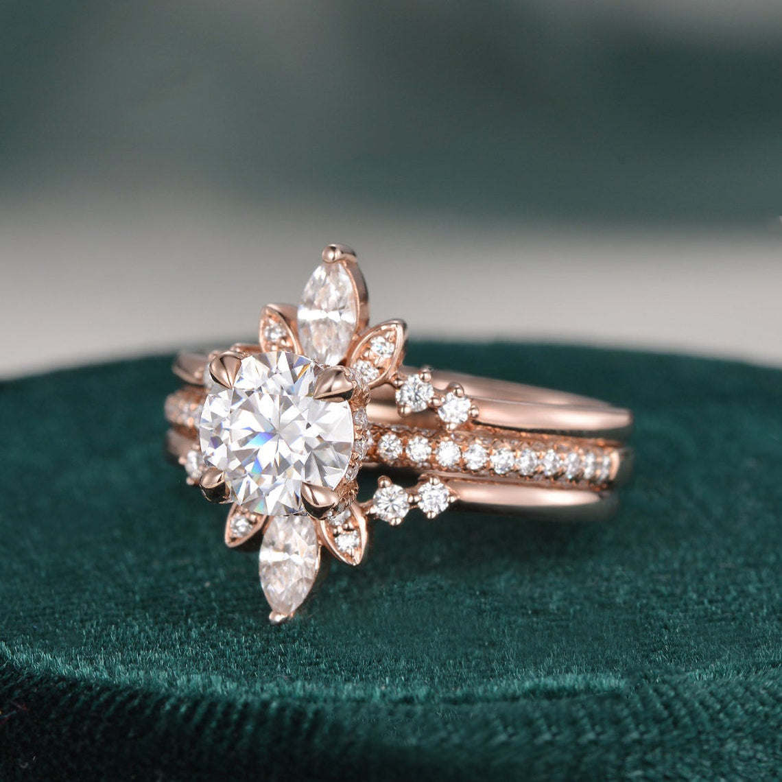 3pcs Vintage Style Bridal Ring Set, Round Cut Center Stone