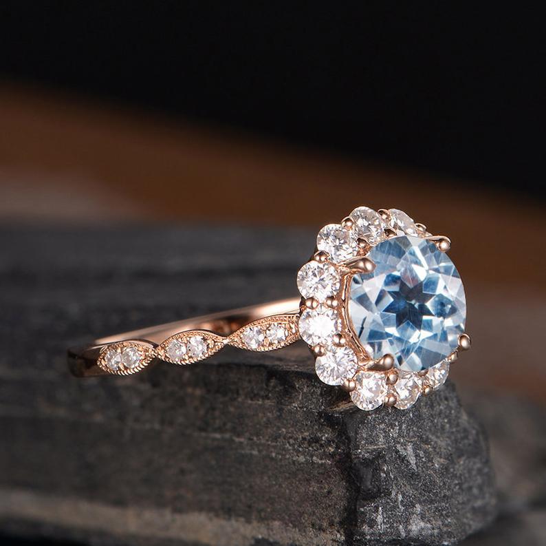 Aquamarine Round Cut Halo Ring, Vintage Inspired