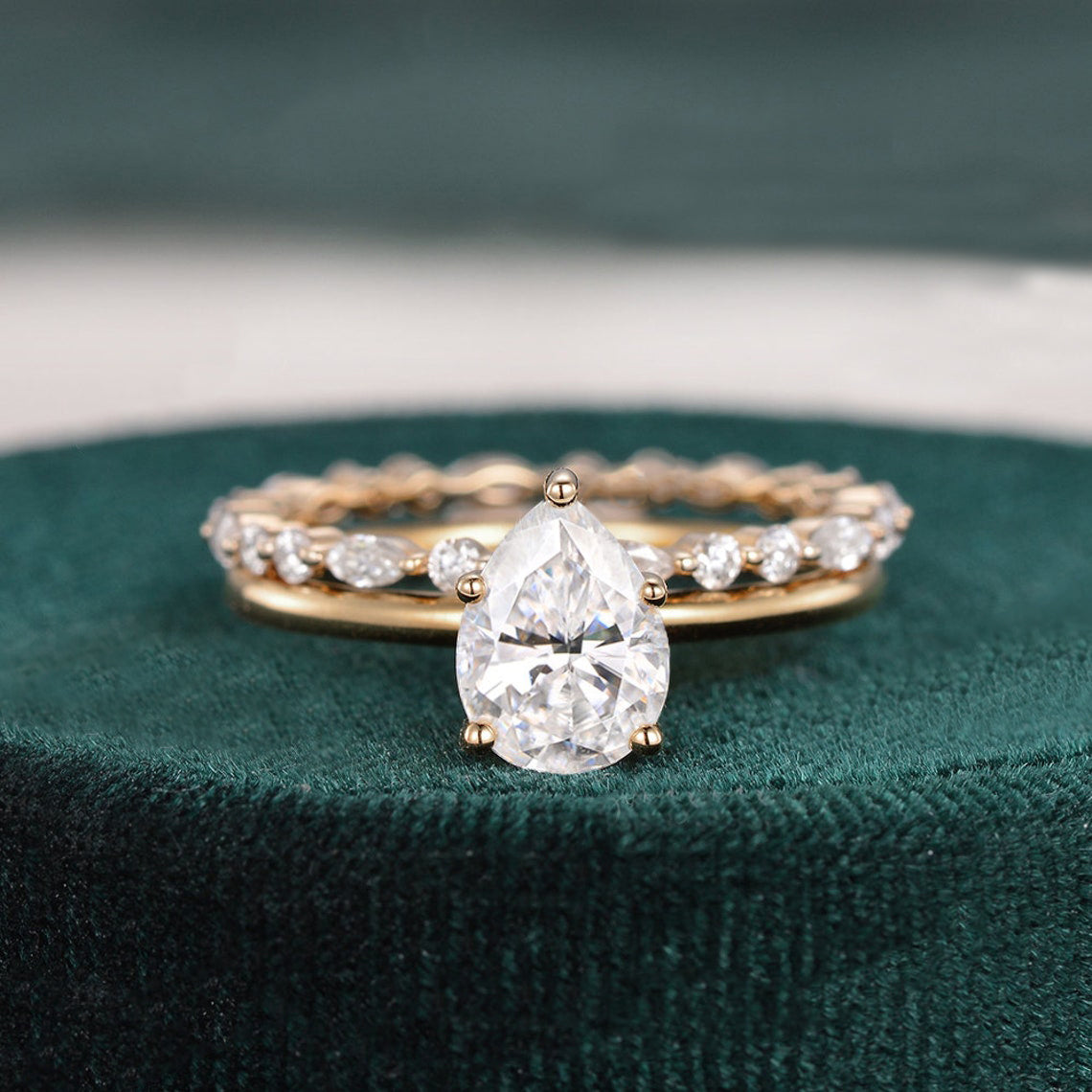 Bridal Ring Set, Pear Cut Center Stone