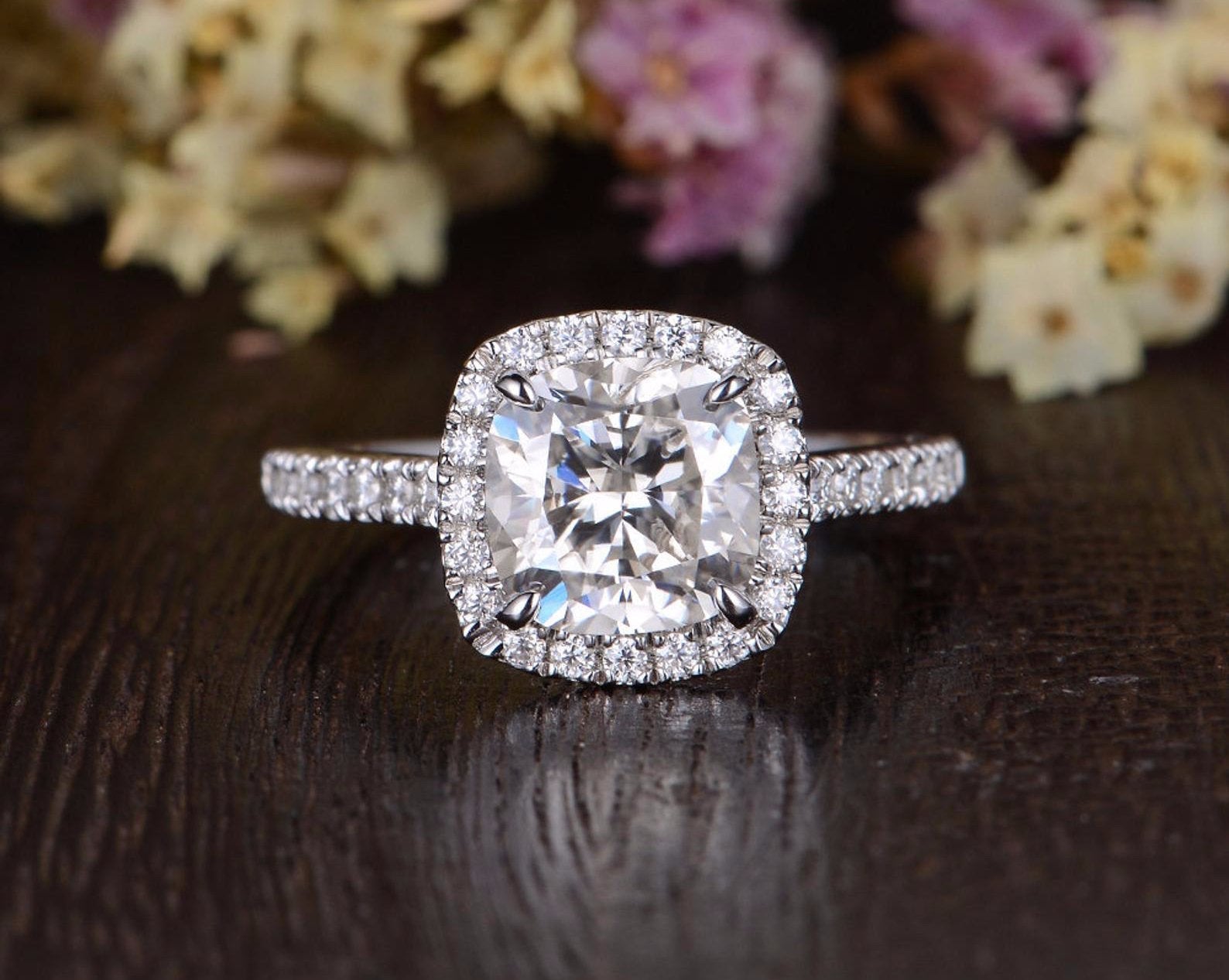 Cushion Cut Lab Diamond Engagement Ring, Classic Halo Design