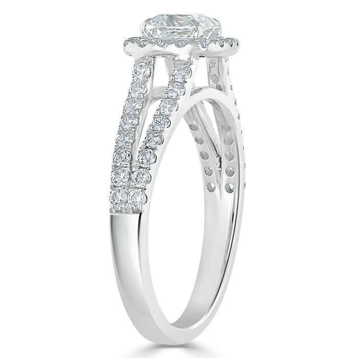 Cushion Cut Lab Diamond Engagement Ring, Classic Halo with Split Shank