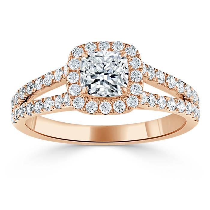 Cushion Cut Lab Diamond Engagement Ring, Classic Halo with Split Shank