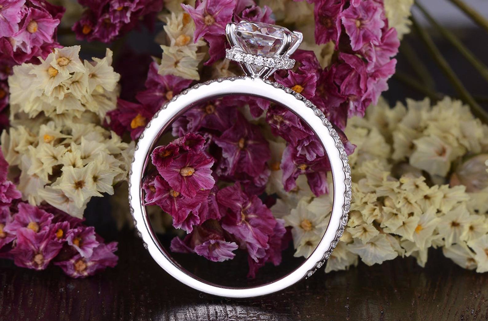 Cushion Cut Lab Diamond Engagement Ring, Hidden Halo Design