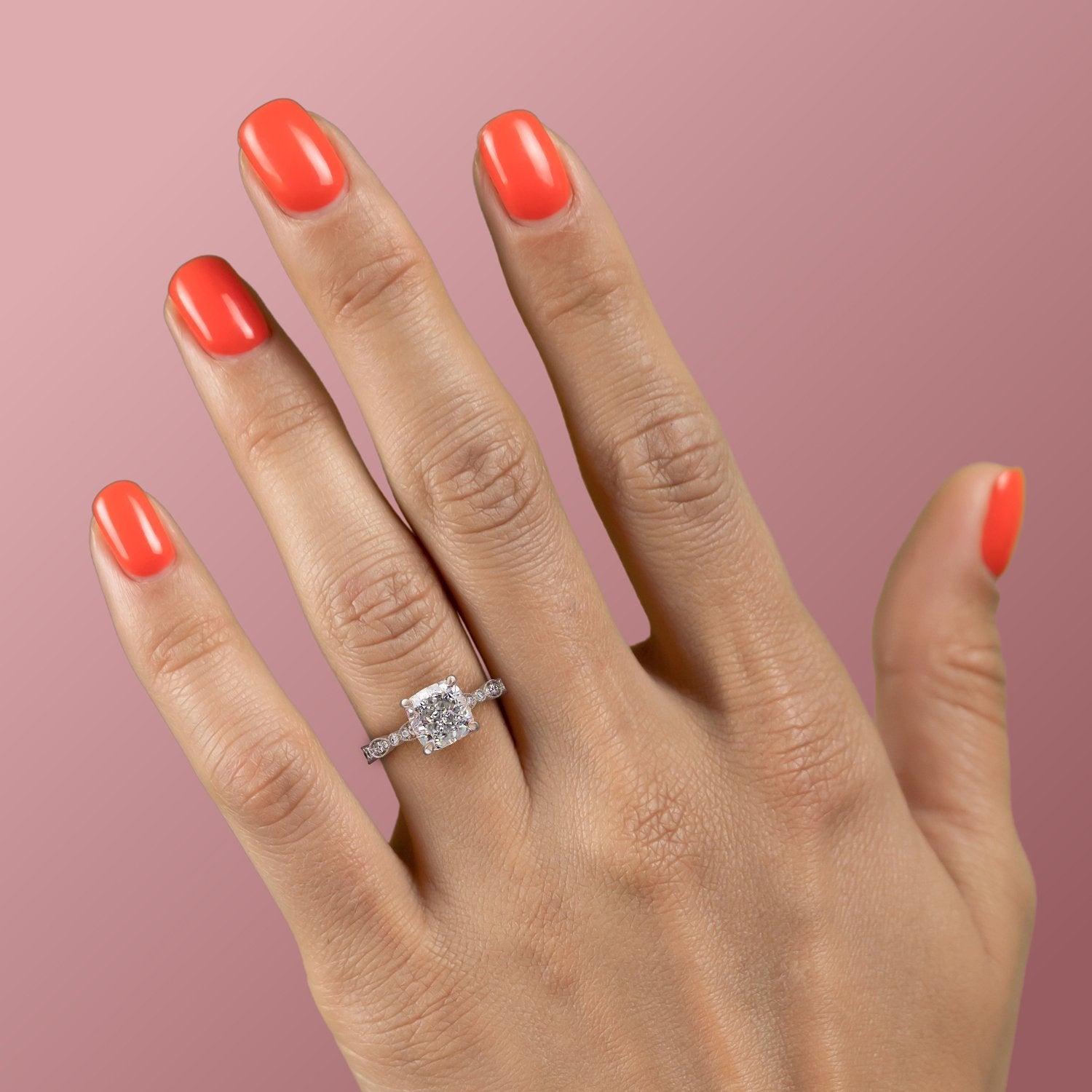 Cushion Cut Lab Diamond Engagement Ring, Vintage Design