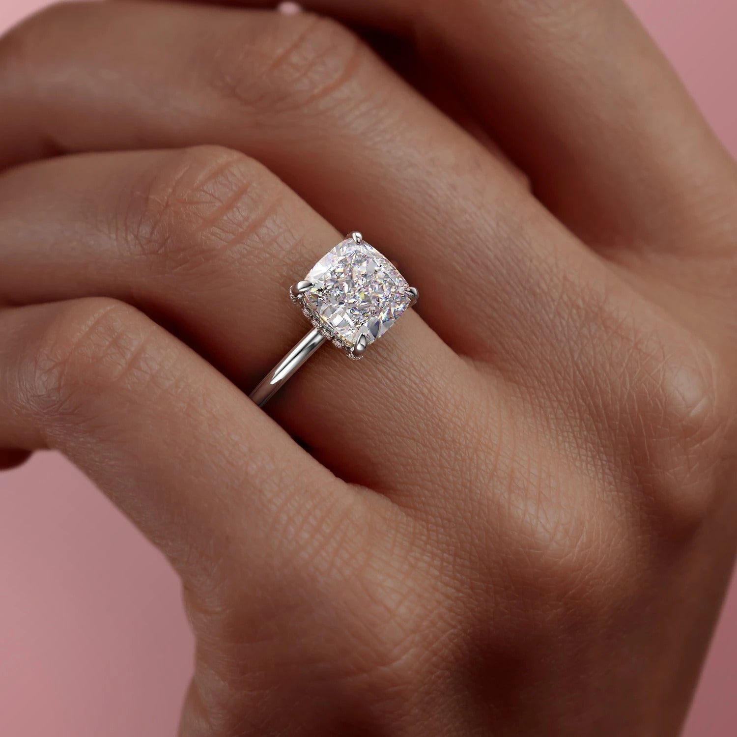 Cushion Cut Lab Diamond Ring, Hidden Halo Design