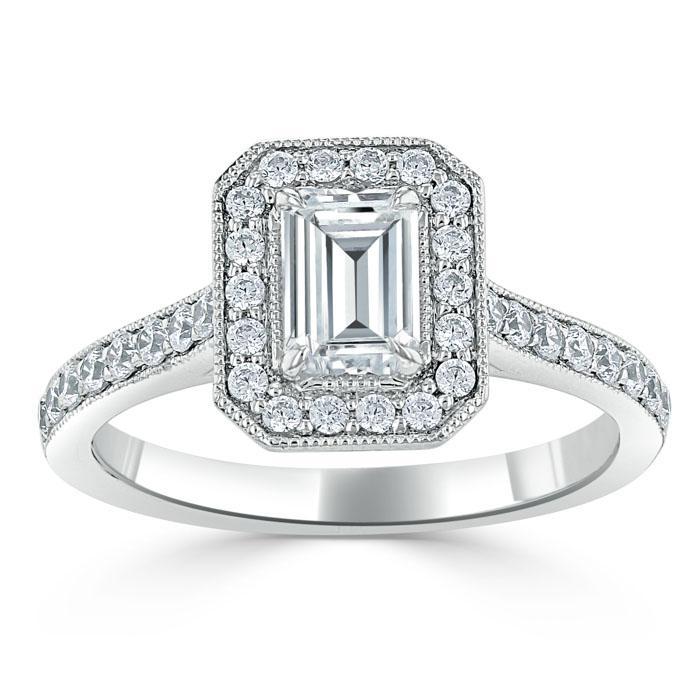 Emerald Cut Lab Diamond Engagement Ring, Classic Halo