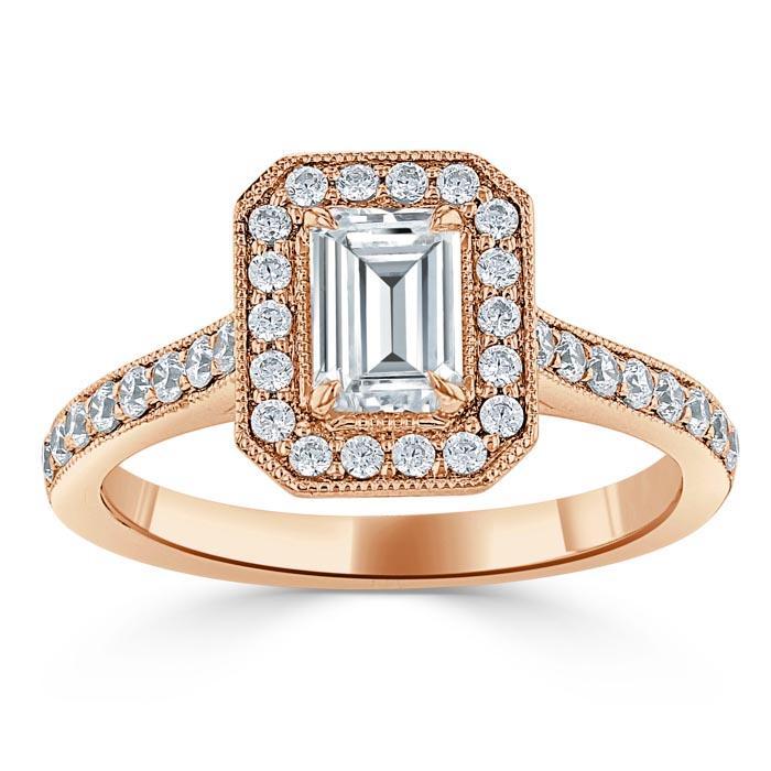 Emerald Cut Lab Diamond Engagement Ring, Classic Halo